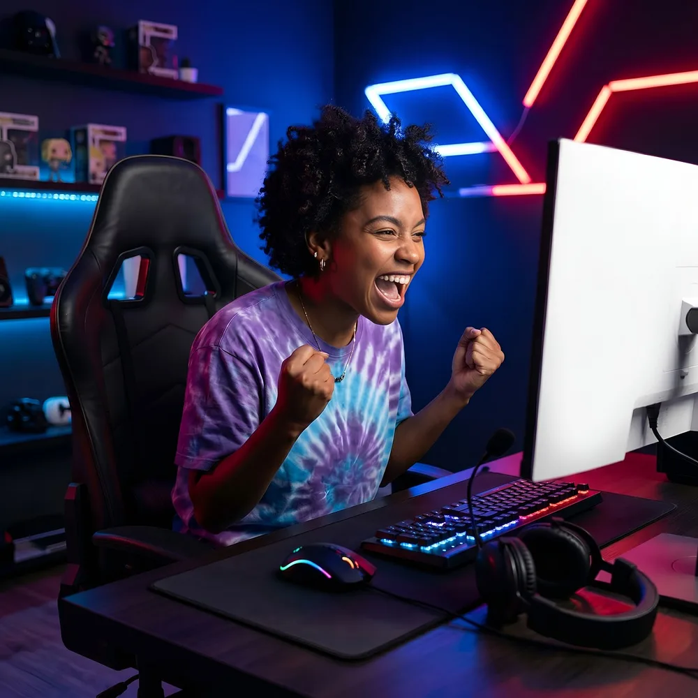 A cozy gaming room with warm lights, plants and a wooden desk