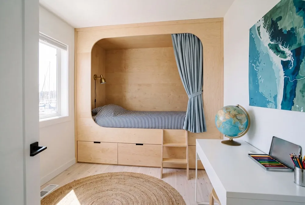 Linen curtains half closed beside a desk with a monitor