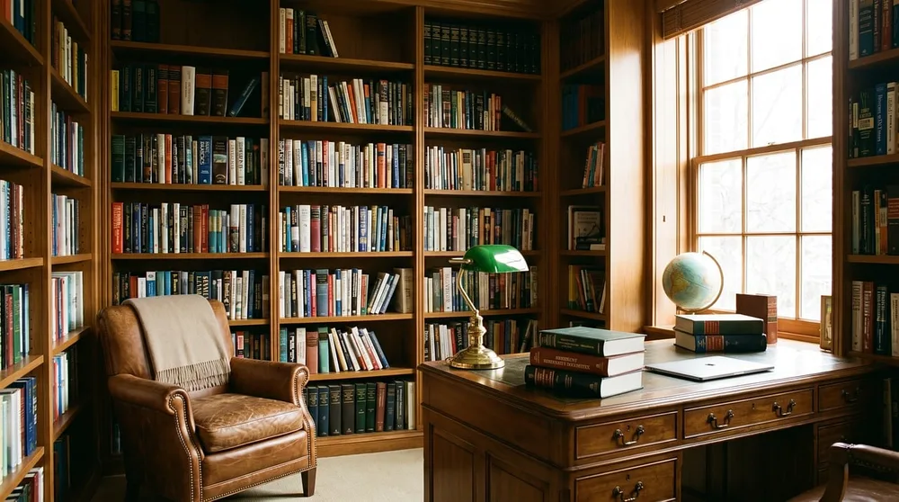 Wooden shelves with books and baskets mounted above a small desk