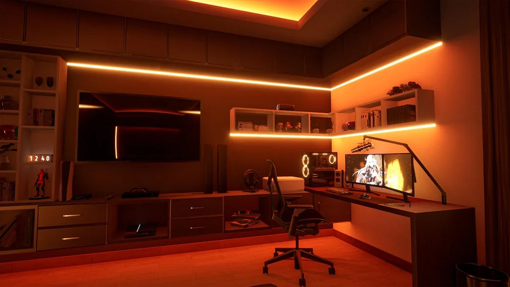 A tidy desk in the evening with the chair pushed in and the lamp off